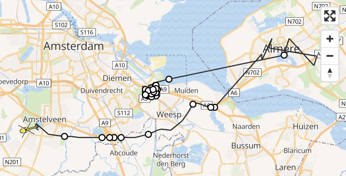 Routekaart van de vlucht: Politieheli naar Amstelveen