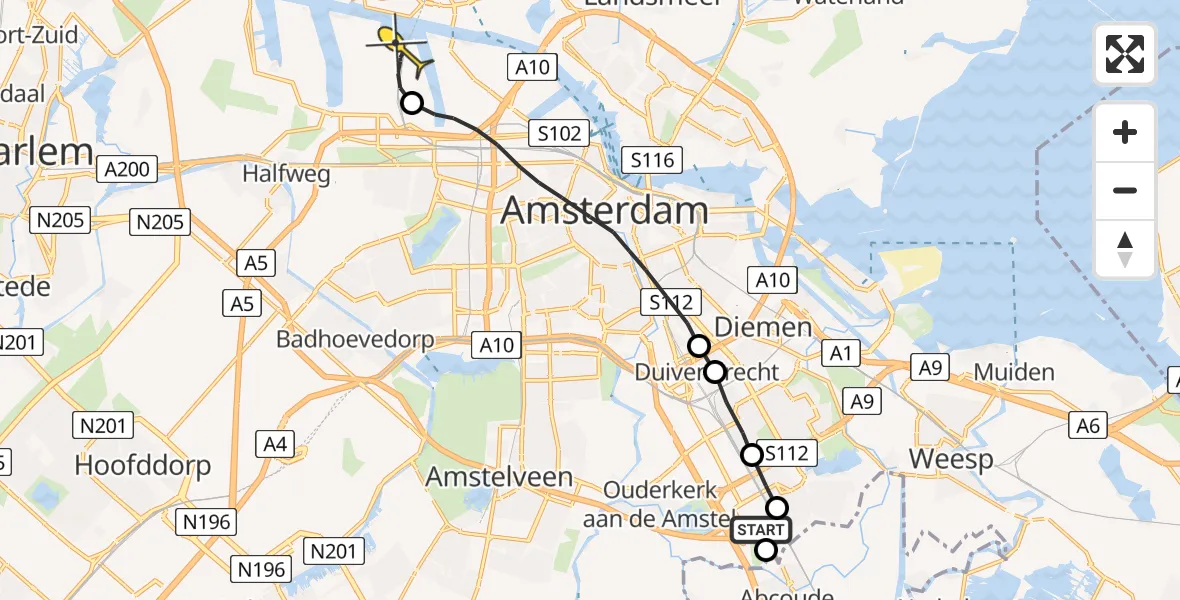 Routekaart van de vlucht: Lifeliner 1 naar Amsterdam Heliport