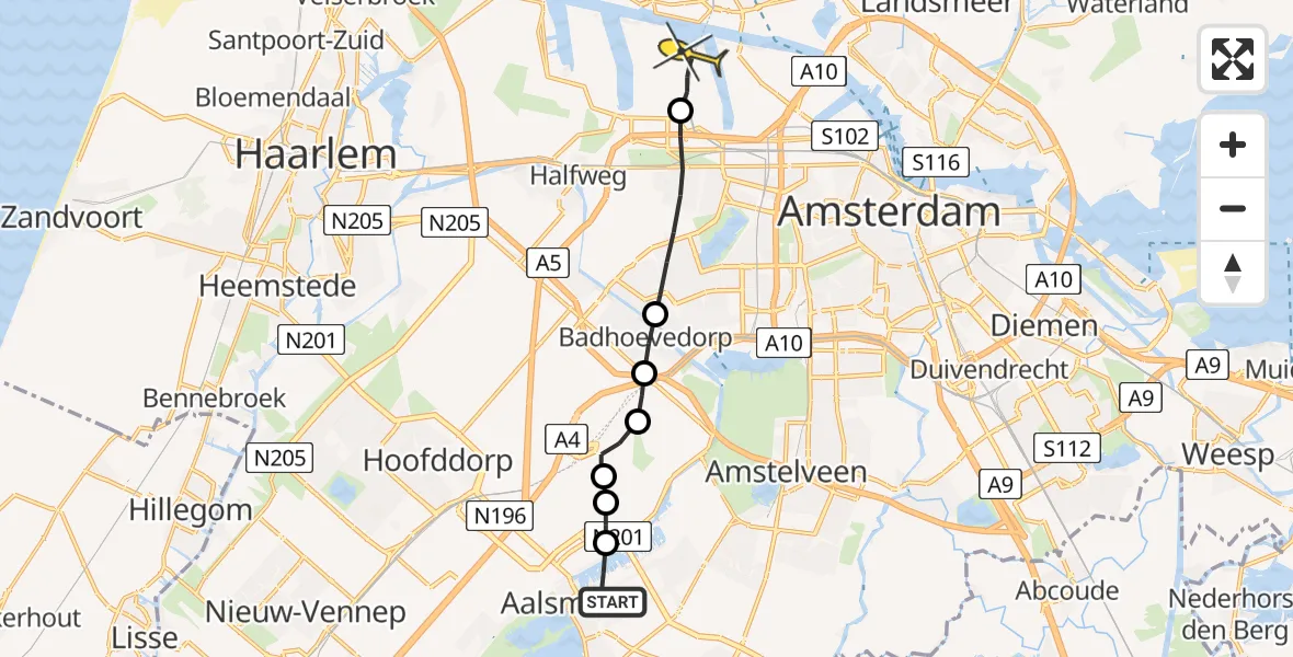 Routekaart van de vlucht: Lifeliner 1 naar Amsterdam Heliport