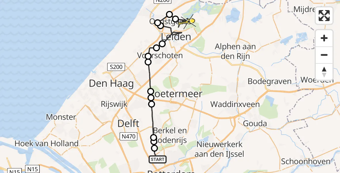 Routekaart van de vlucht: Politieheli naar Warmond