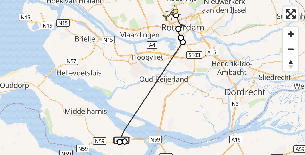 Routekaart van de vlucht: Politiehelikopter naar Rotterdam The Hague Airport