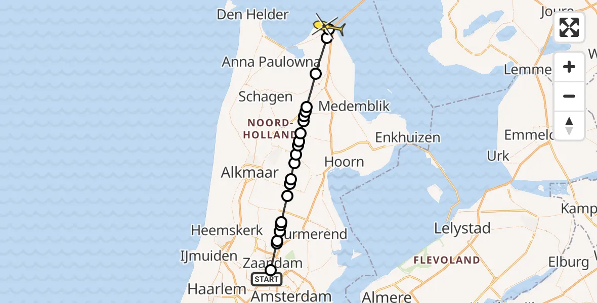 Routekaart van de vlucht: Lifeliner 1 naar Den Oever