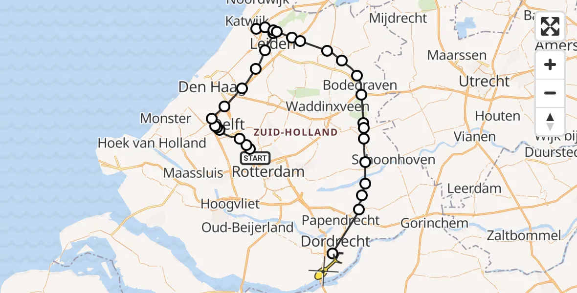 Routekaart van de vlucht: Politieheli naar Dordrecht