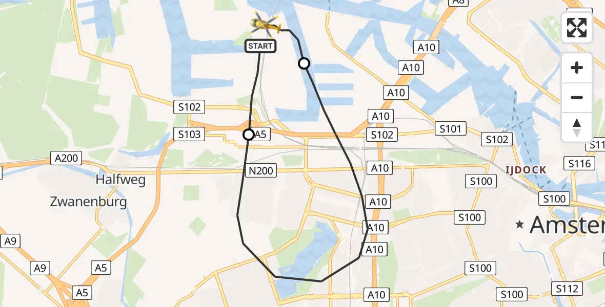 Vluchtroute Traumahelikopter Amsterdam Heliport - Amsterdam Heliport, 03 oktober 2023, 18:35
