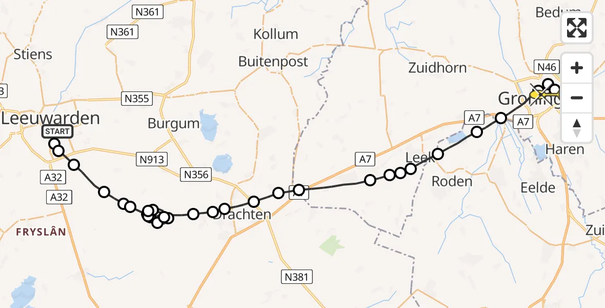 Routekaart van de vlucht: Lifeliner 4 naar Universitair Medisch Centrum Groningen