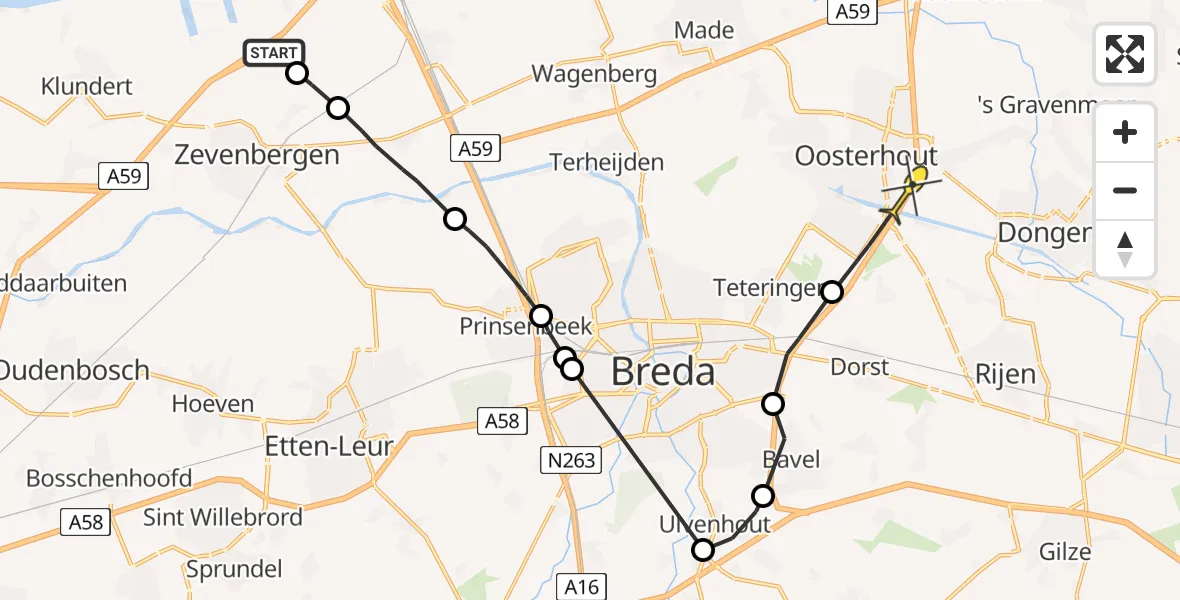 Routekaart van de vlucht: Politieheli naar Oosterhout