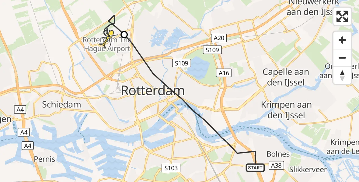 Routekaart van de vlucht: Politieheli naar Rotterdam The Hague Airport