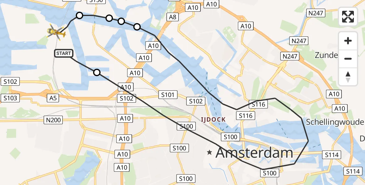 Vluchtroute Traumahelikopter Amsterdam Heliport - Amsterdam Heliport, 03 oktober 2023, 20:31
