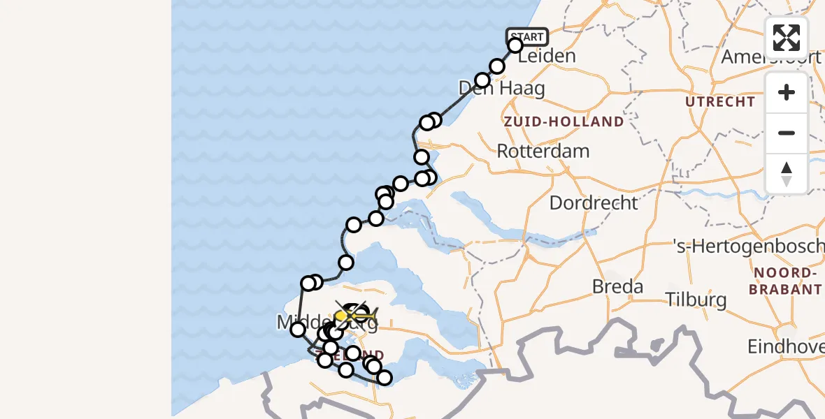 Routekaart van de vlucht: Politieheli naar Vliegveld Midden-Zeeland