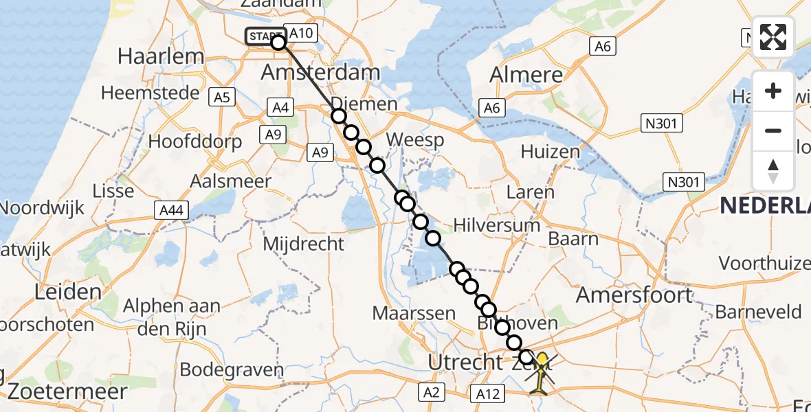 Routekaart van de vlucht: Lifeliner 1 naar Zeist