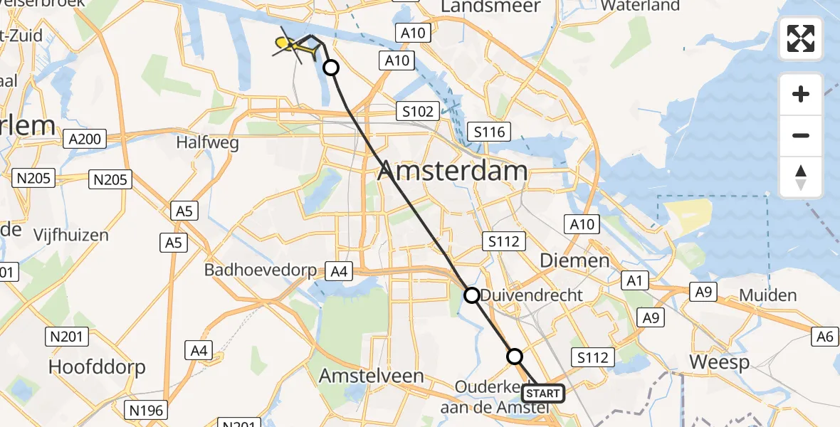 Routekaart van de vlucht: Lifeliner 1 naar Amsterdam Heliport