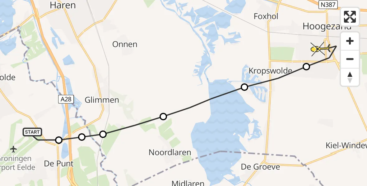 Routekaart van de vlucht: Lifeliner 4 naar Hoogezand
