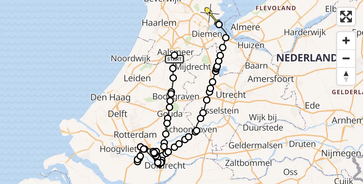 Routekaart van de vlucht: Politieheli naar Amsterdam