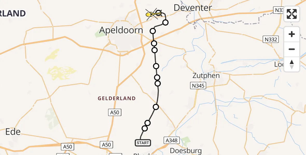 Routekaart van de vlucht: Politiehelikopter naar Vliegveld Teuge