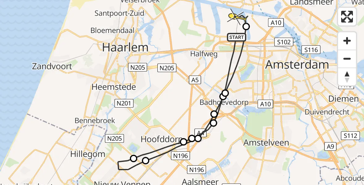 Routekaart van de vlucht: Lifeliner 1 naar Amsterdam Heliport