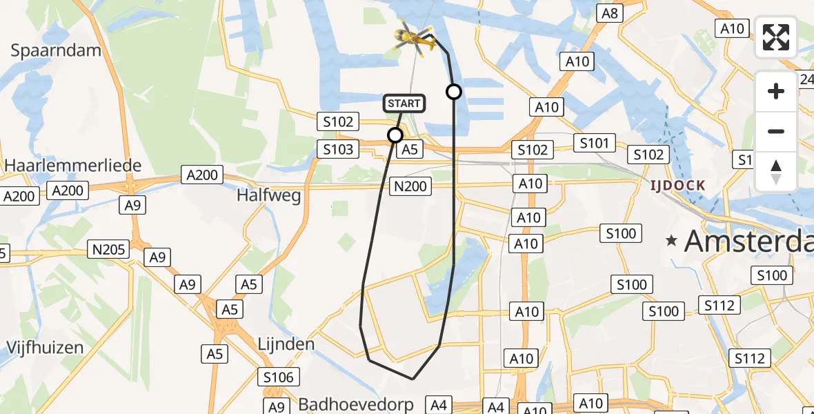 Vluchtroute Traumahelikopter Amsterdam Heliport - Amsterdam Heliport, 05 oktober 2023, 11:20