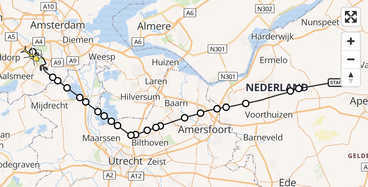 Routekaart van de vlucht: Politieheli naar Schiphol