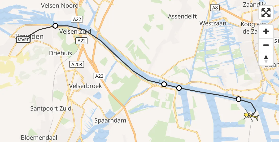 Routekaart van de vlucht: Lifeliner 1 naar Amsterdam Heliport