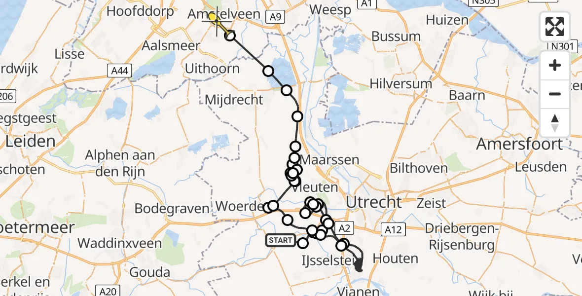 Routekaart van de vlucht: Politieheli naar Amstelveen