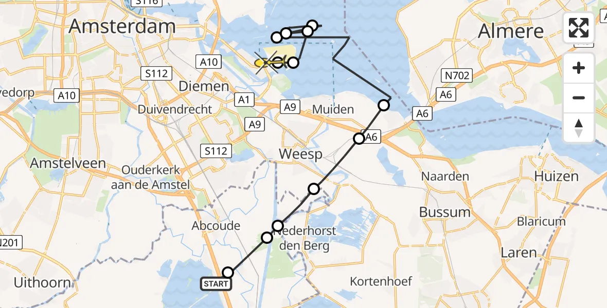 Routekaart van de vlucht: Politieheli naar Amsterdam