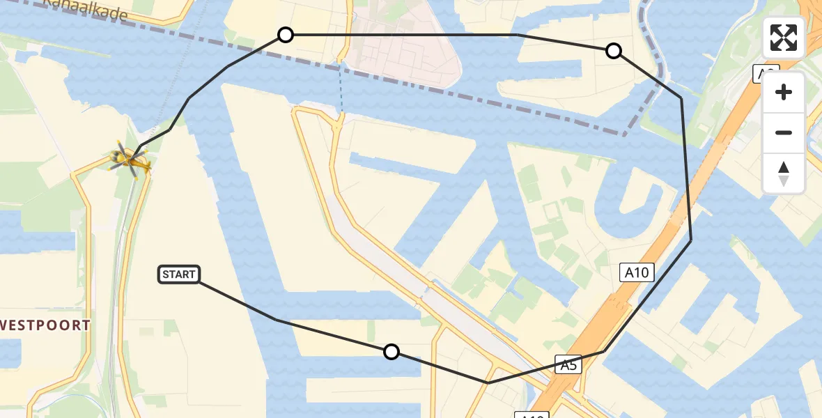 Vluchtroute Traumahelikopter Amsterdam Heliport - Amsterdam Heliport, 05 oktober 2023, 19:39