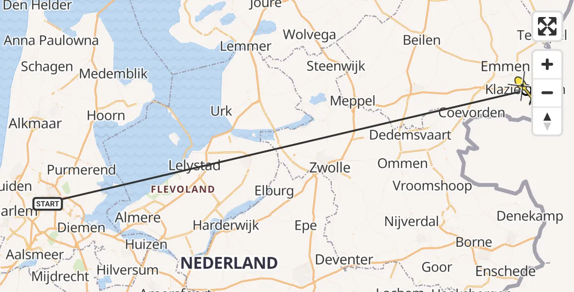 Routekaart van de vlucht: Traumahelikopter naar Klazienaveen