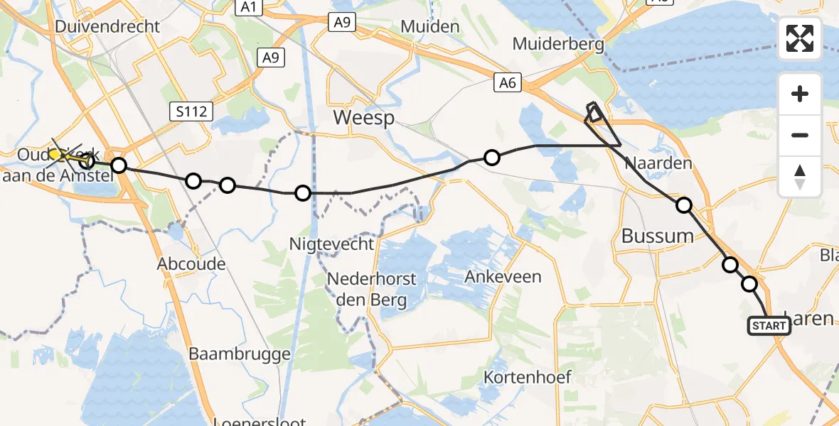Routekaart van de vlucht: Politiehelikopter naar Ouderkerk aan de Amstel