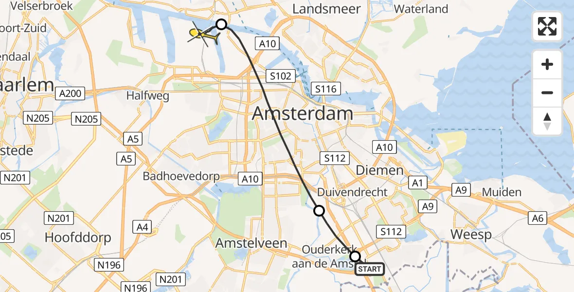 Routekaart van de vlucht: Lifeliner 1 naar Amsterdam Heliport