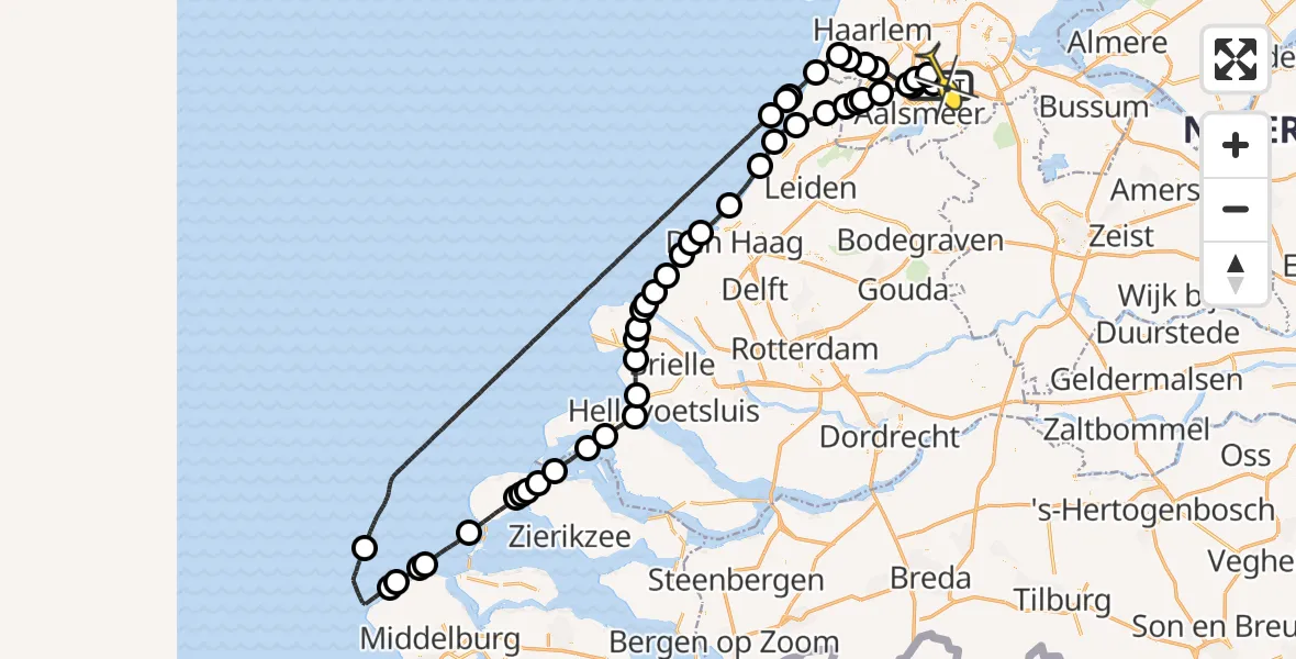 Routekaart van de vlucht: Politieheli naar Schiphol