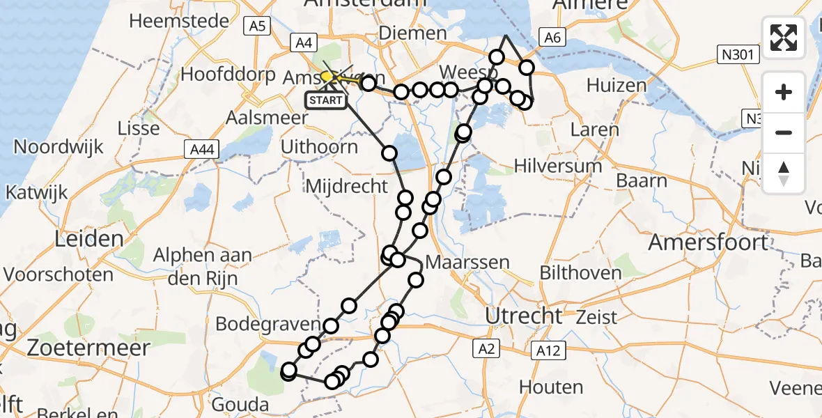 Routekaart van de vlucht: Politieheli naar Amstelveen