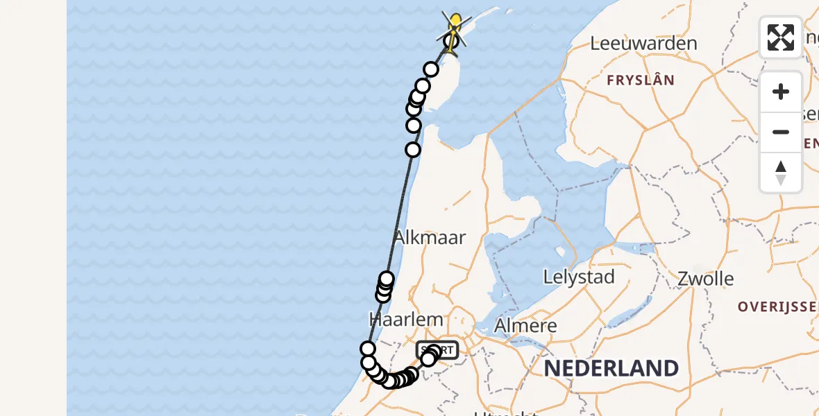 Routekaart van de vlucht: Politieheli naar Vlieland