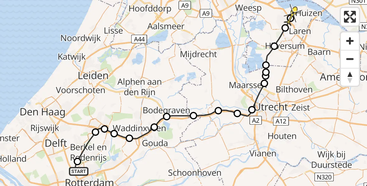 Routekaart van de vlucht: Politiehelikopter naar Huizen