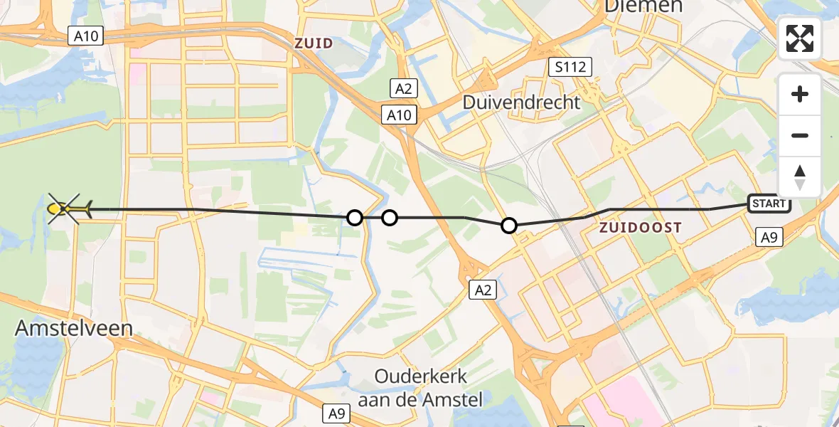 Routekaart van de vlucht: Politieheli naar Amstelveen