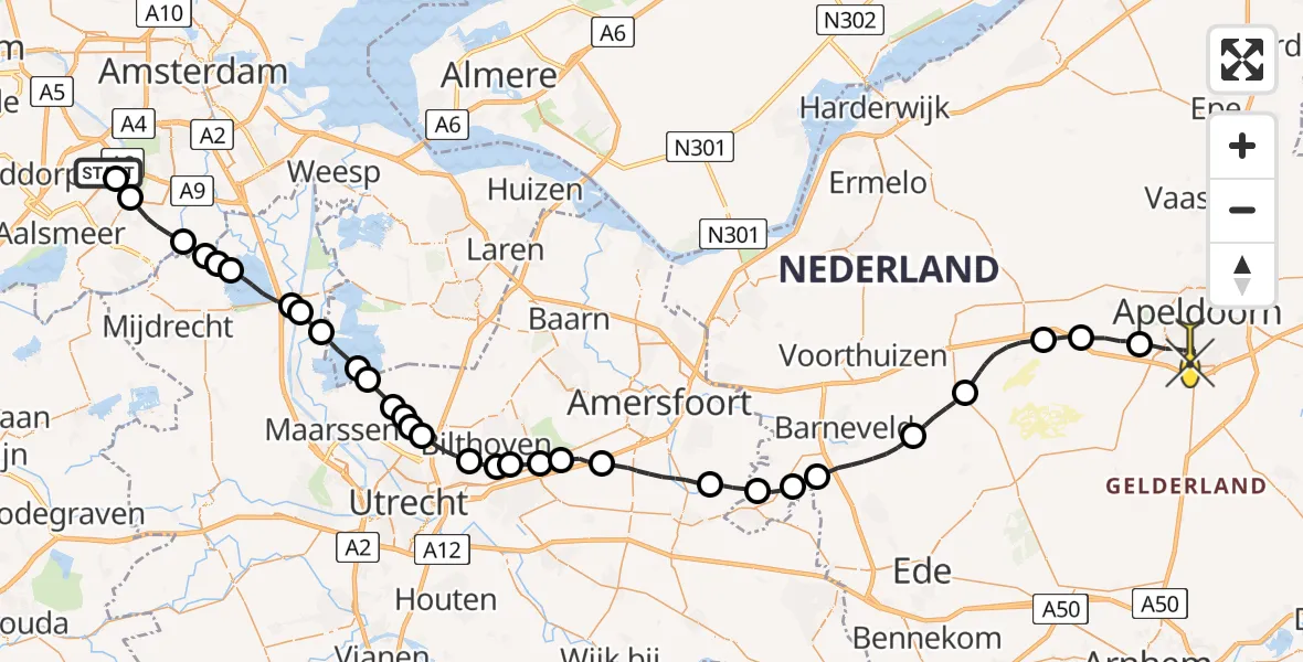 Routekaart van de vlucht: Politieheli naar Apeldoorn