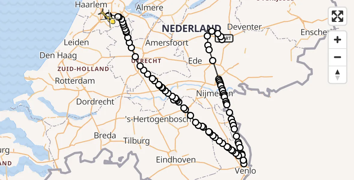 Routekaart van de vlucht: Politieheli naar Schiphol