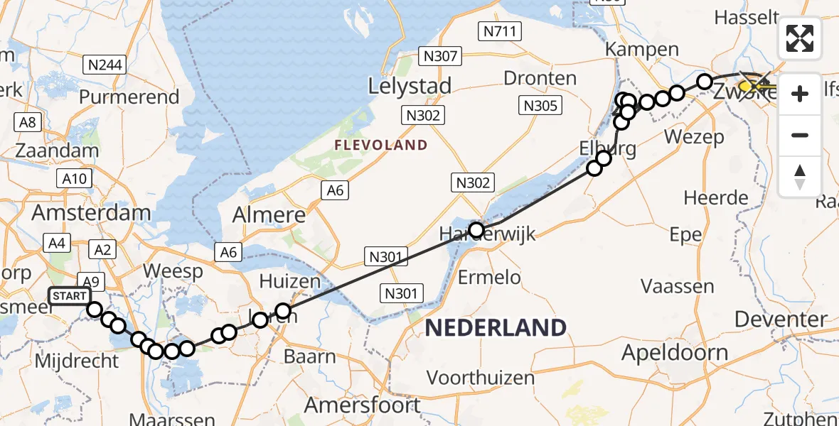 Routekaart van de vlucht: Politiehelikopter naar Zwolle