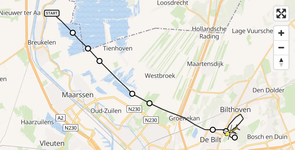 Routekaart van de vlucht: Politieheli naar Bilthoven