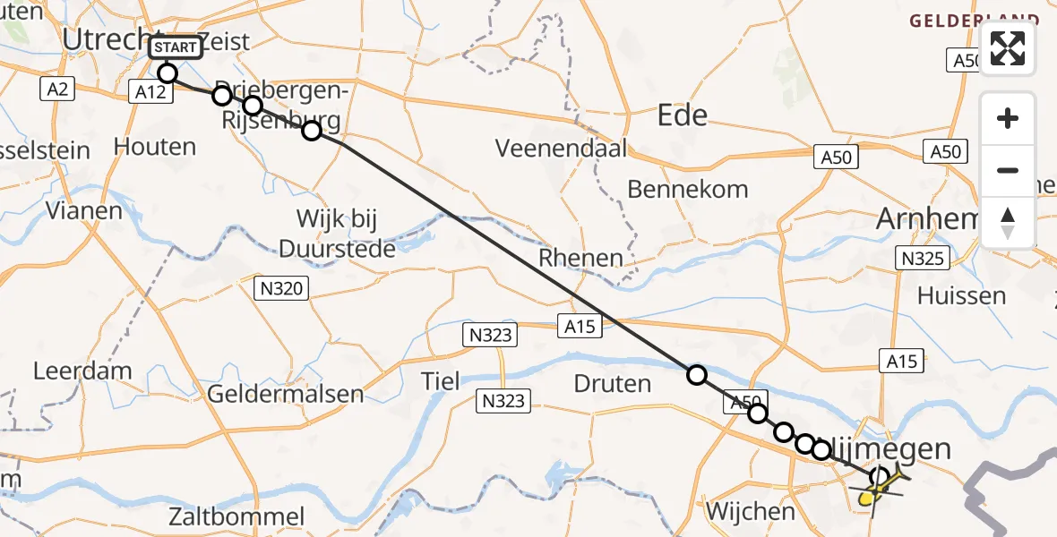 Routekaart van de vlucht: Politieheli naar Radboud Universitair Medisch Centrum