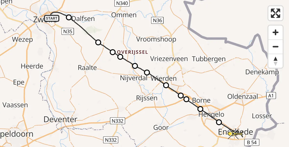 Routekaart van de vlucht: Politieheli naar Enschede