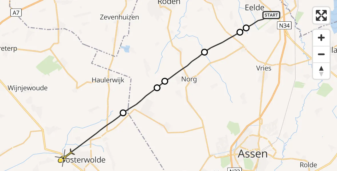 Routekaart van de vlucht: Lifeliner 4 naar Oosterwolde