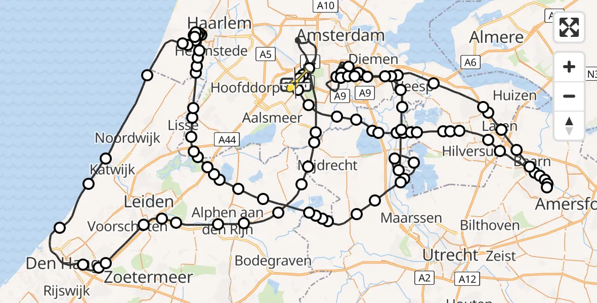 Routekaart van de vlucht: Politieheli naar Schiphol