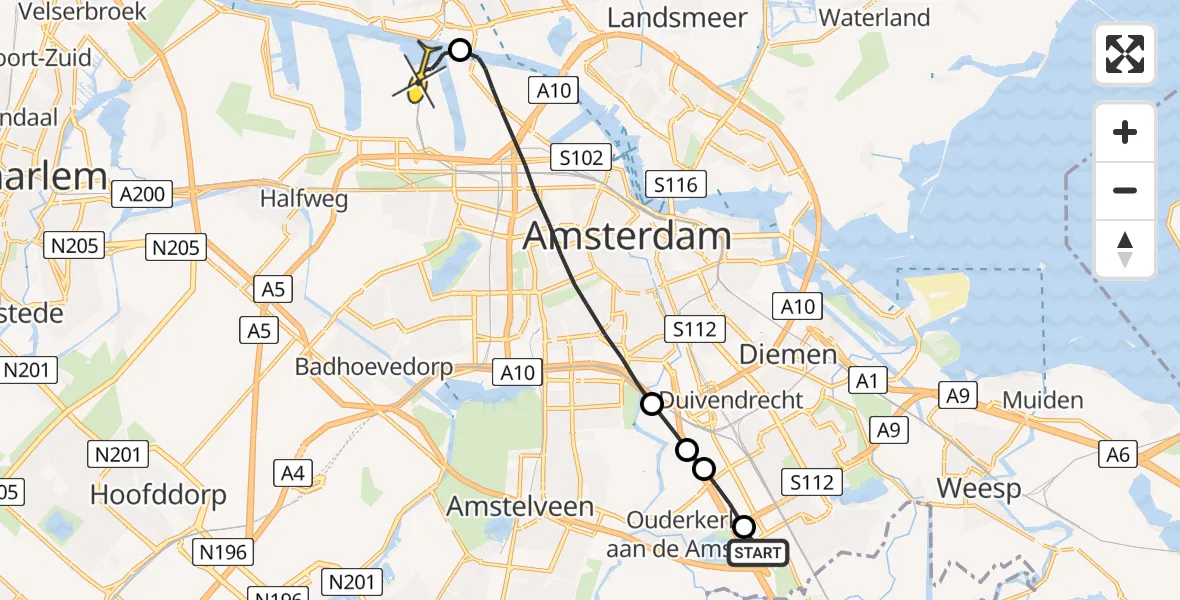 Routekaart van de vlucht: Lifeliner 1 naar Amsterdam Heliport