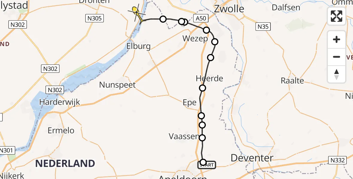 Routekaart van de vlucht: Politieheli naar Dronten