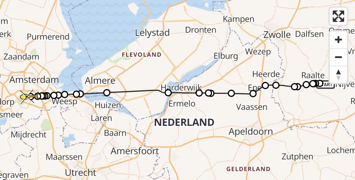 Routekaart van de vlucht: Politieheli naar Amstelveen