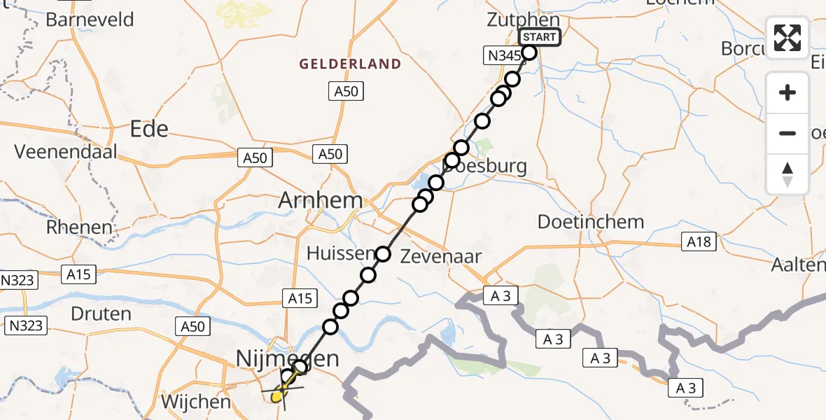 Routekaart van de vlucht: Lifeliner 3 naar Radboud Universitair Medisch Centrum