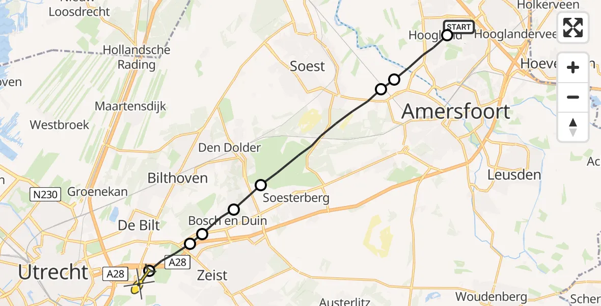 Routekaart van de vlucht: Lifeliner 1 naar Universitair Medisch Centrum Utrecht