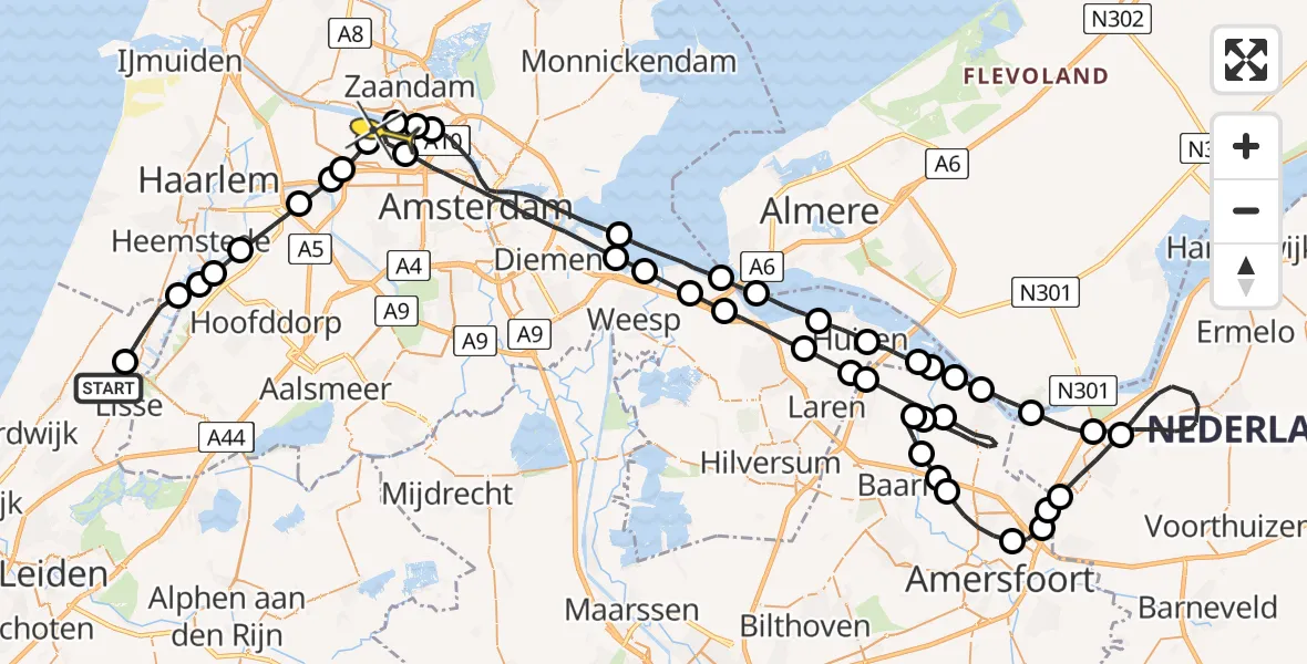 Routekaart van de vlucht: Lifeliner 1 naar Amsterdam Heliport