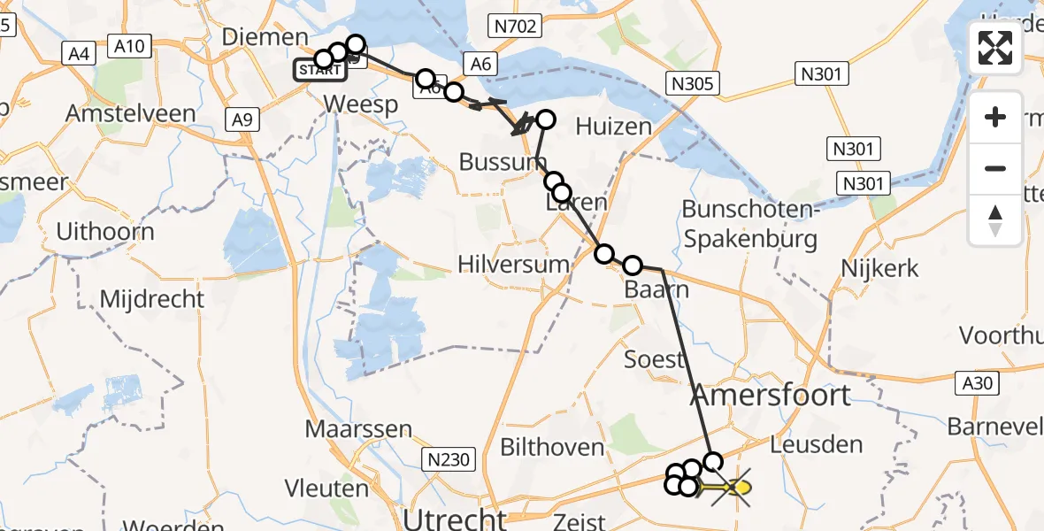 Routekaart van de vlucht: Politieheli naar Leusden