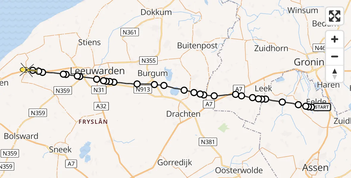 Routekaart van de vlucht: Lifeliner 4 naar Franeker