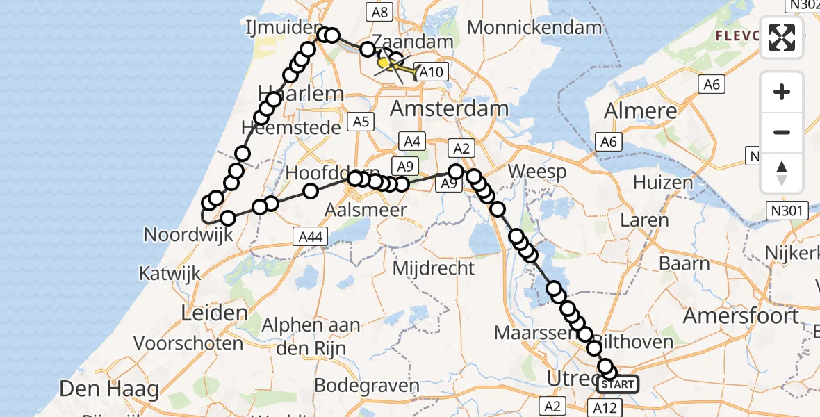 Routekaart van de vlucht: Lifeliner 1 naar Amsterdam Heliport